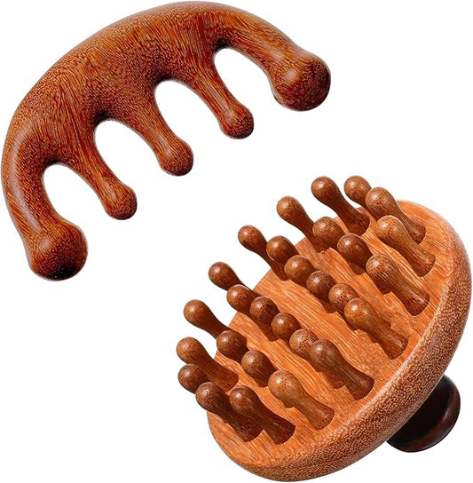 Trinkrittey 2 Pack Wooden Scalp Massager Comb Wooden Hair Brush Head Gua Sha Brush Hair Scrubber Portable Handheld Hairs Growth Tool for Women Men Hairs Growth Stress Relief Spa Bloomnest