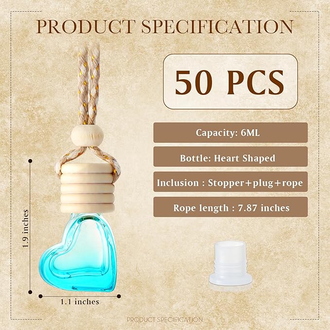 50 Pcs 6ml Hanging Car Air Freshener Car Diffuser Bottle Empty Glass Perfume Heart Love Bottle Freshener Diffuser Pendant Valentine's Day Essential Oil Fragrance Aromatherapy Ornament (Multicolor) - Bloomnest