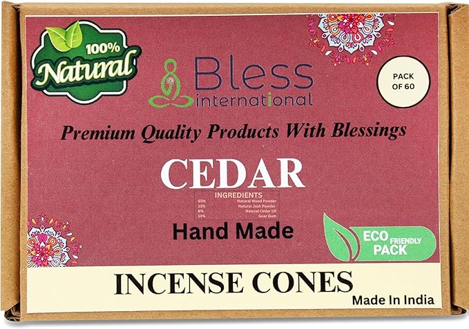 Bless International Cedar 100%-Natural-Incense-Cones Handmade-Hand-Dipped Organic-Chemicals-Free for-Purification-Relaxation-Positivity-Yoga-Meditation The-Best-scents (60 Count) BlessInternational
