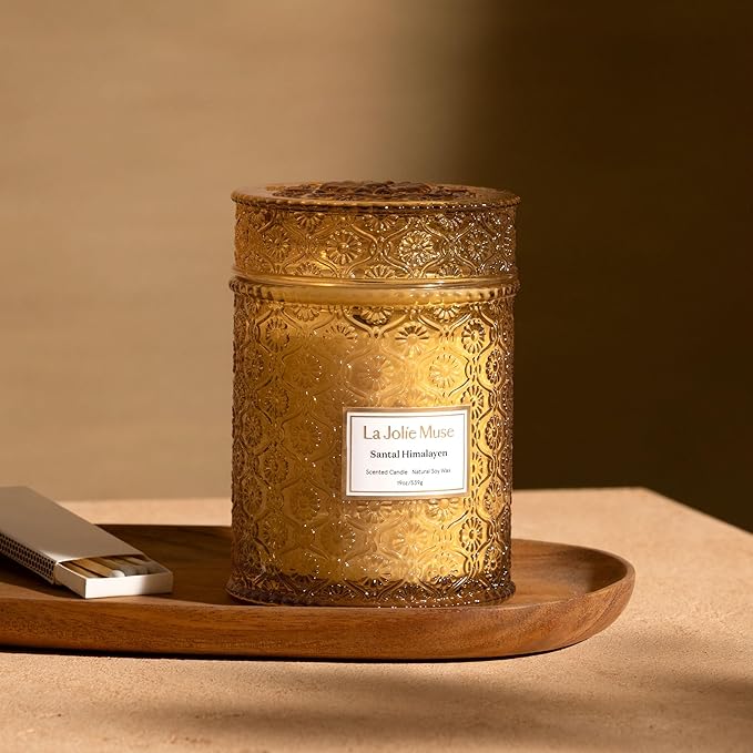 LA JOLIE MUSE Santal Himalayen Candle - Sandalwood, Fig & Amber |19 oz Large Wooden Wick Candle | Natural Soy Wax | 90 Hours Clean Burn | Gift-Ready for Hosts & Gatherings | Elegant Home Décor - Bloomnest