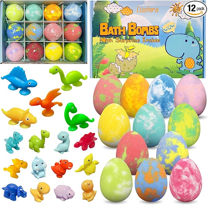 Bath Bombs for Kids with Surprise Toys Inside, 12 Pack Natural Dino Egg Bath Bombs with Dinosaur Suction Cup Toys, Bubble Bath Fizzers Ball Gift Set for Boys Girls Birthday, Summer Fun - Bloomnest