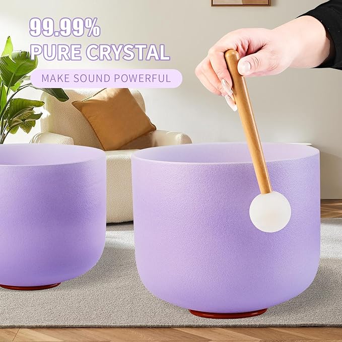 432HZ 6-12 Inch Purple Color Frosted Quartz Crystal Singing Bowls Chakra Set of 7 with Carry Case Bags for Sound Healing and Meditation