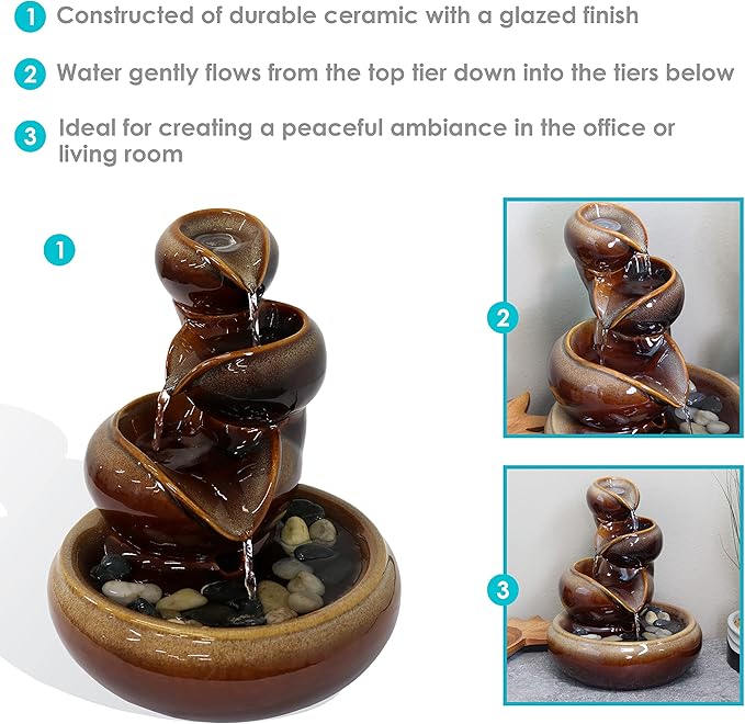 Sunnydaze Tiered Vessels Ceramic Tabletop Water Fountain - Relaxing Indoor Fountain for Office, Bedroom, or Living Room - Brown
