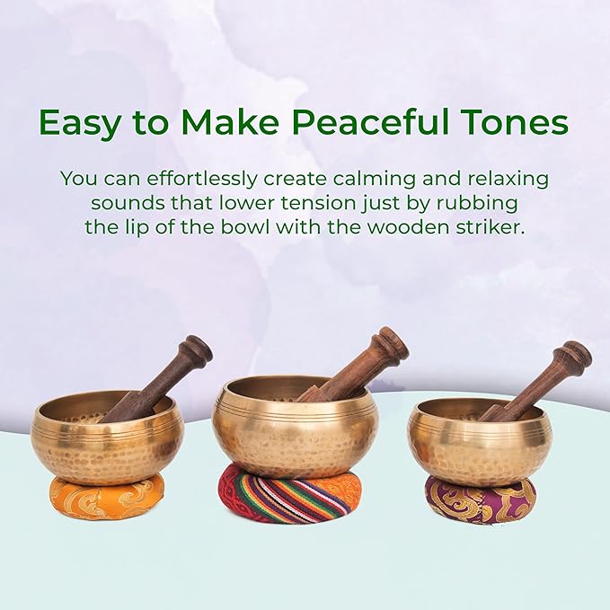Tibetan Singing Bowl Set - Authentic Cuencos Tibetanos for Sound Healing, Meditation & Chakra Balancing - Includes Cushion, Mallet-Unique Spiritual Gifts for Women and Men (3 Chakra Set) - Bloomnest