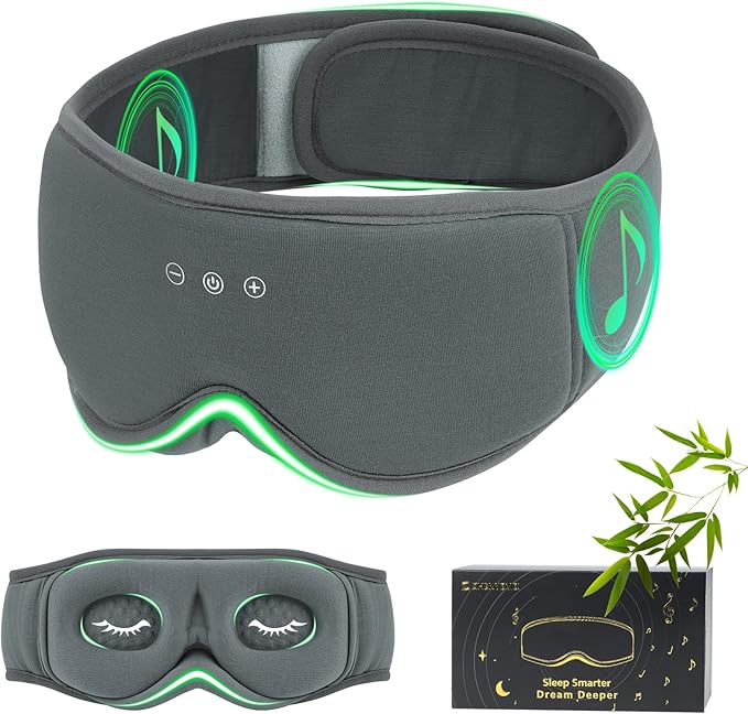 Bamboo Cotton Sleep Mask with Bluetooth Wireless Headphones - Blackout Eye Mask for Sleeping 3D Contoured Sleep Headband Ear Muffs Lengthen & Low Noise Hook for Better Experience (Grey) - Bloomnest