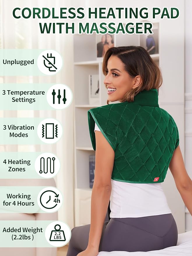 Vofuoti Heating Pad for Neck and Shoulders, Portable Cordless Heating Pad with Massager and Battery, Weighted Electric Heated Neck Shoulder Wrap, 16'' x 22'', 2.2lbs - Bloomnest