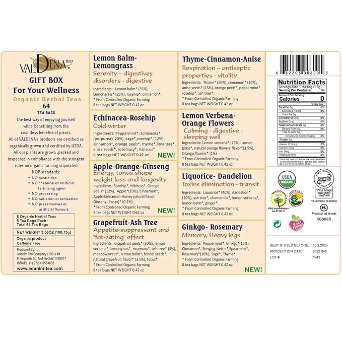Valdena Bio Organic Herbal Teas for Your Wellness Tea Sampler Gift Caffeine Free 8 Flavors Assorted Tea Sets Variety Pack 64 Individually Wrapped Tea Bags Gift for Tea Lovers - Bloomnest