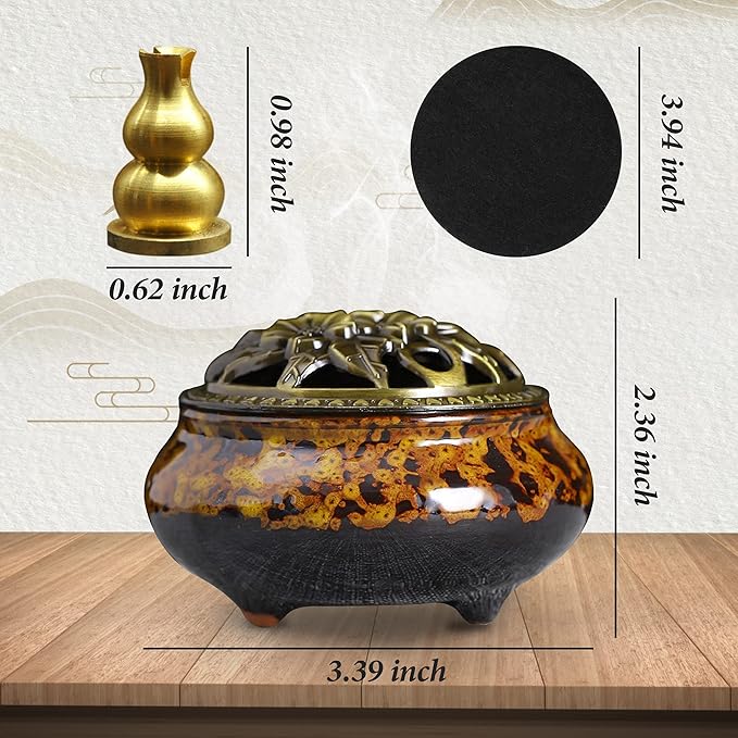 Ceramic Incense Burner with Lid, Bowl Burner， Cone Incense Burner, Ceramic Censer Suitable for Incense/Cone/Coil/Sticks, There are 30 Incense Cones+ Metal Incense Holder+Fireproof Cotton Inside. - Bloomnest