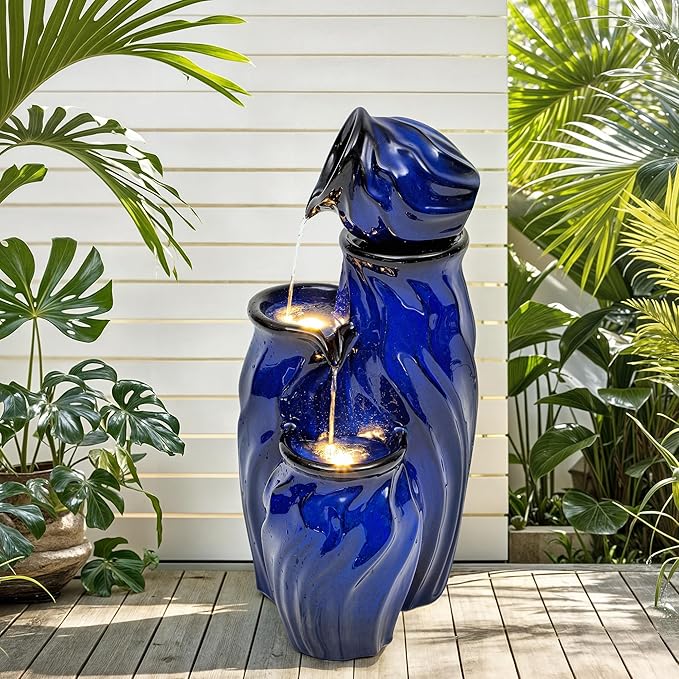 29" Tall Ceramic Water Fountain Outdoor with LED Lights, 4-Tier Cascading Waterfall Garden Fountain, Ideal for Serene Relaxing Patio, Yard or Porch, Cobalt Blue Glaze, Dynamic Wave-Texture - Bloomnest