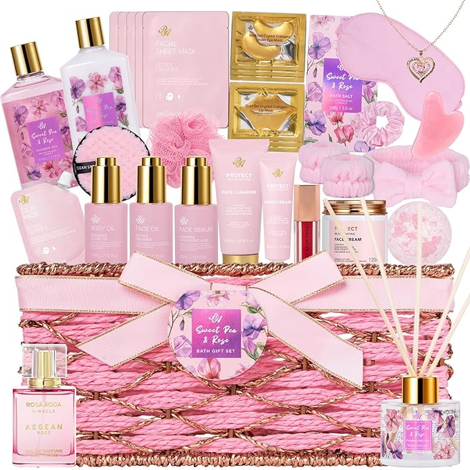 35 Pcs Valentines Day Gifts Basket for Women, Rose Bath and Body Gift, Facial Skin Care Set, Self Care Pampering Kit, Face Sheet Mask, Home Spa, Perfume, Birthday, Mother Day, Bridal Shower - Bloomnest