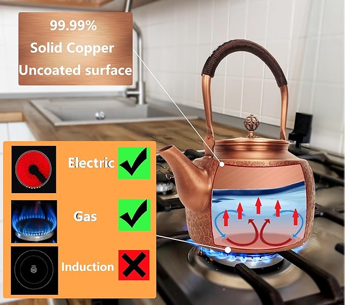 Kkekos Handmade Copper Kettle Copper Teapot for Stovetop 2000ml (Type1)