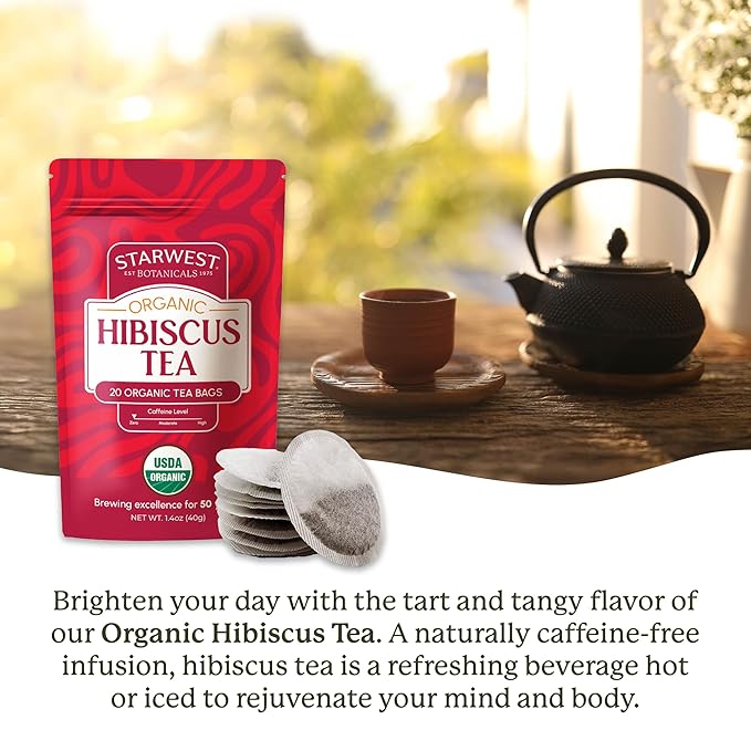 Starwest Botanicals Organic Hibiscus Tea - Caffeine Free Herbal Tea, Tea with Antioxidant Properties, String Free Sachets, USDA Organic Hibiscus Flower, Non GMO - 20 Tea Bags - Bloomnest