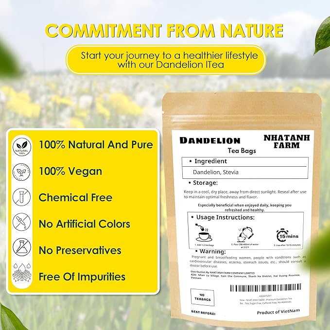 NHAT ANH FARM - Premium Dandelion Tea Bags, 40 Tea Bags, 100% Natural Dried Dandelion Leaves, Naturally Sweet Herbal Tea, Sugar-Free, Caffeine-Free, No Additives. - Bloomnest