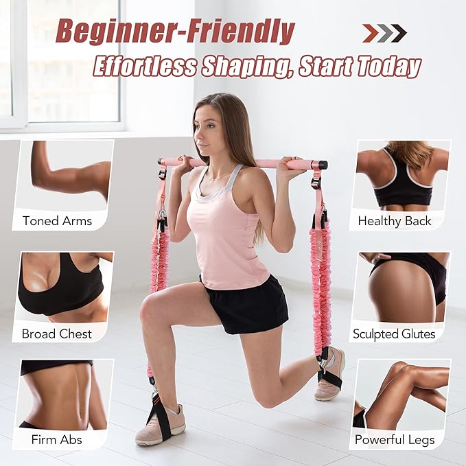 Upgraded Pilates Bar Kit with Resistance Bands Natural Latex for Women & Men, Heavy-Duty Stainless Steel Multifunctional Yoga Pilates Stick for Home Gym Exercise Fitness Equipment Full-Body Workouts - Bloomnest