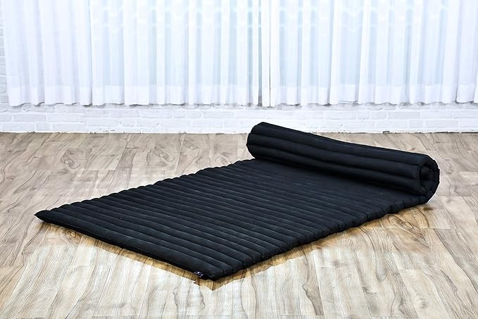 Leewadee - Kapok Roll Mat – Handcrafted Folding Sleep & Relaxation Mattress from Thailand, Ideal as Guest Bed, Camping Mat, Yoga Mat or Traditional Futon, 75 x 39 inches, Black - Bloomnest