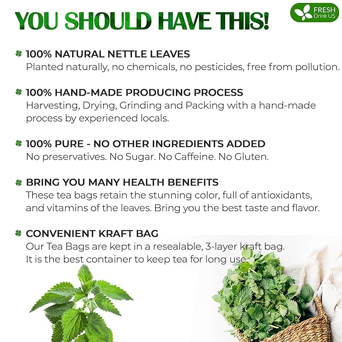 FreshDrinkUS, Premium 135 Nettle Leaf Tea Bags, 100% Natural & Pure, Stinging Nettle Leaf Tea, Nettle Leaf Tea, Burn Nettle, Stinging Nettle, Nettle Tea, Stinger Tea, No Sugar/ Caffeine & Gluten, Vegan - Bloomnest