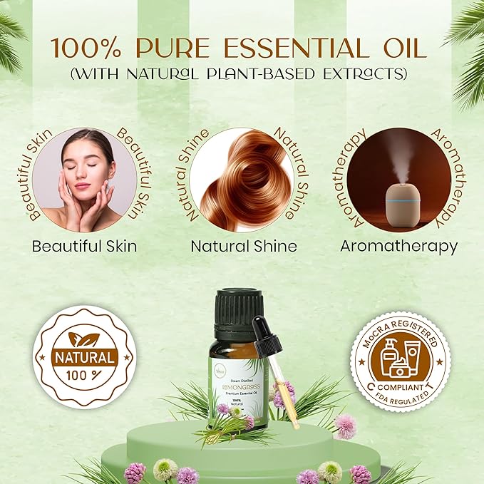 Lemongrass Essential Oil 0.33 fl oz – 100% Pure & Natural Cymbopogon Flexuosus – Undiluted Steam Distilled Oil for Diffuser, Aromatherapy, Skin, Hair, Massage & DIY Candle Making MyAce