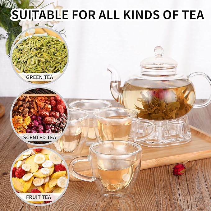 Glass Teapot Set, 40OZ/1200ml Stovetop Safe Glass Tea Kettle with 4 Double-Wall Tea Cups & Loose Tea Infuser & Tea Warmer, Dishwasher Safe Tea Maker, Blooming Tea Gift Set For Women - Bloomnest