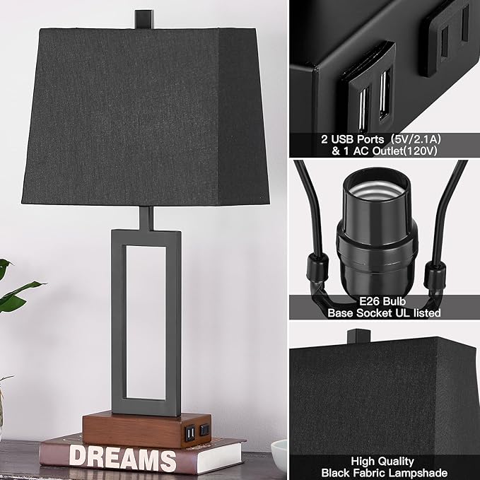 Touch Control Table Lamps Set of 2, Modern Bedside Lamps with 2 USB Charging Ports & AC Outlet, 3-Way Dimmable Wood Nightstand Lamp for Living Room Bedroom End Table Office Black(2 LED Bulbs Included) - Bloomnest