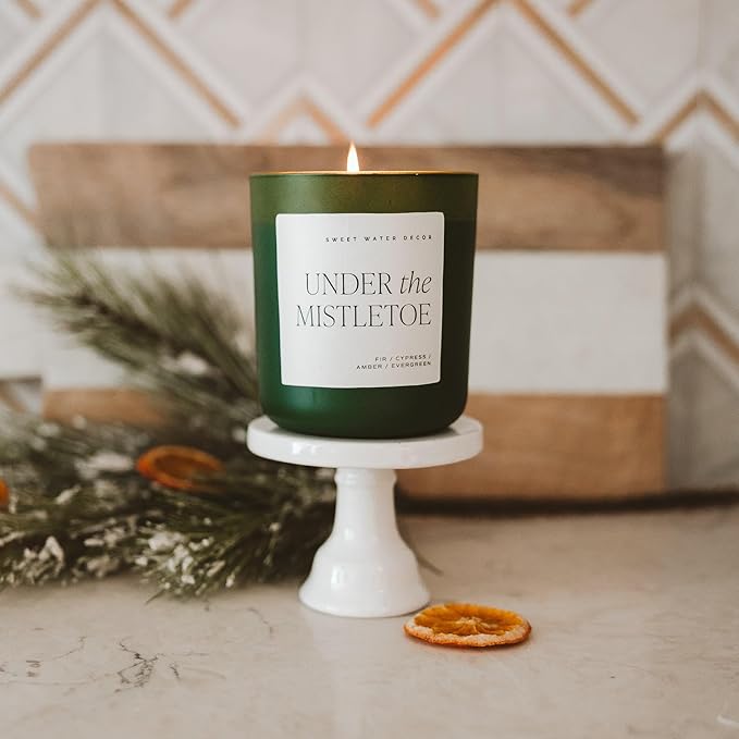 Sweet Water Decor Under The Mistletoe Holiday Candle - Cypress, Evergreen, Cedar, Pine Scented Candle for Christmas - 15oz Matte Green Jar, 70+ Hour Burn Time - Christmas Decor and Gifts - Bloomnest