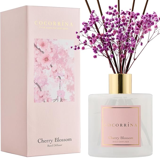 COCORRÍNA Reed Diffuser - Cherry Blossom 17 Fl.oz Reed Diffuser with 8 Sticks Scented Diffuser with Preserved Flowers for Bathroom Home Decor - Bloomnest