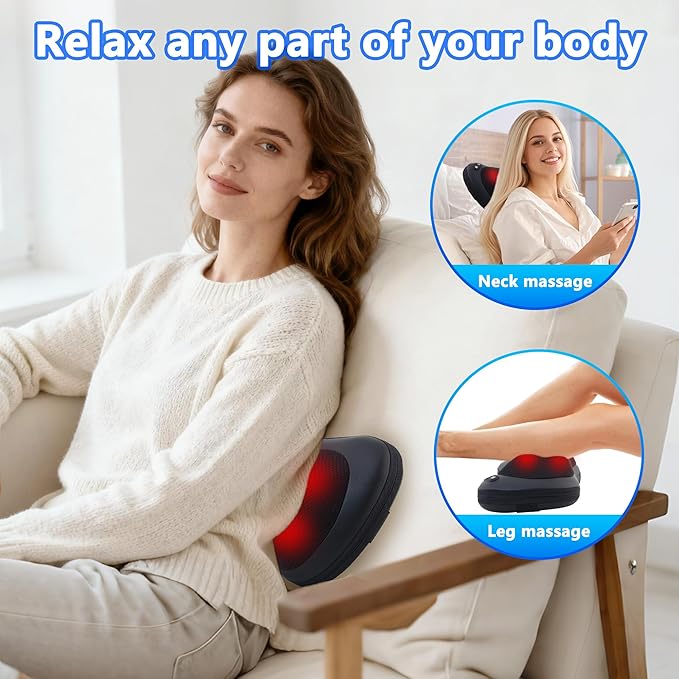 Shiatsu Neck and Back Massager with Heat - Deep Tissue Massage Pillow for Neck, Back & Shoulders Pain Relief, Portable Ergonomic Design Electric Massager for Home, Car, Office Use, Black - Bloomnest