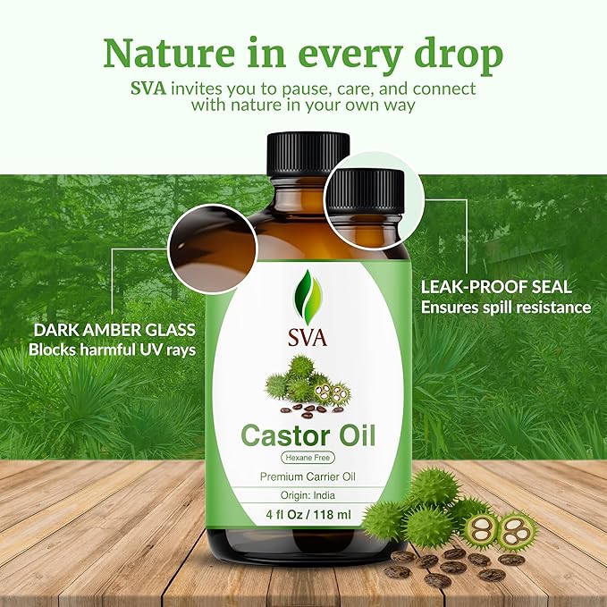 SVA Castor Seed Oil - 4 Fl Oz – 100% Natural Cold Pressed Castor Oil - for Face, Skin Care, Hair Care, Scalp Massage & Body Massage – Carrier Oil with Dropper - Bloomnest