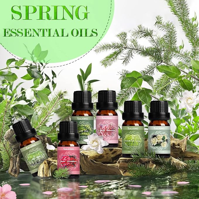 SALKING Spring Fragrance Oils Set, Premium Essential Oils Gift Set for Diffuser, Scented Oil for Soap & Candle Making - After Rain, Fresh Cut Grass, Sweet Pea, Rose Geranium, Cherry Blossom, Gardenia - Bloomnest