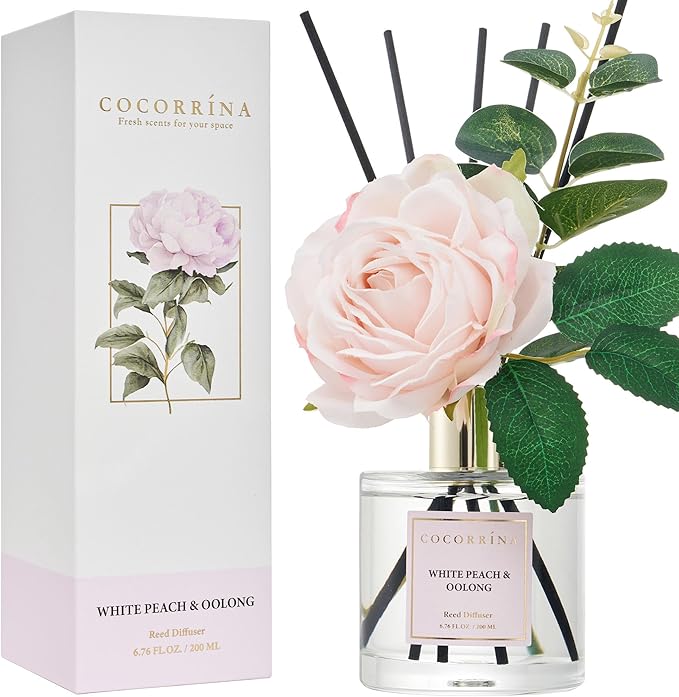 Cocorrína Flower Reed Diffuser - White Peach& Oolong 6.7oz Scented Diffuser with Sticks Home Fragrance Essential Oil for Bathroom Shelf Decor (Artificial Flower) - Bloomnest