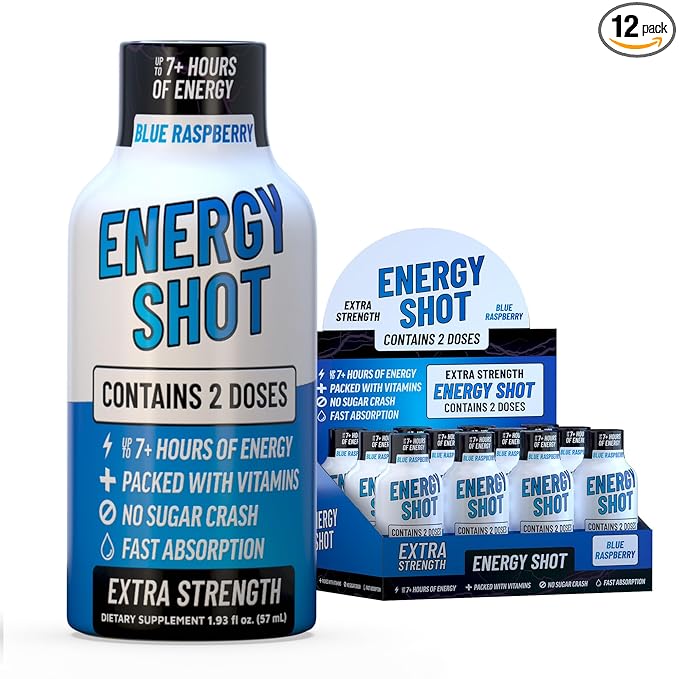 Blue Raspberry Extra Strength Energy Shot 12 pk – 260mg Natural Caffeine B12 B6 – Energy & Focus Support – 2 Servings Sugar Free Zero Calorie Green Tea B-Vitamins Electrolytes Vegan – 1.93 fl oz - Bloomnest