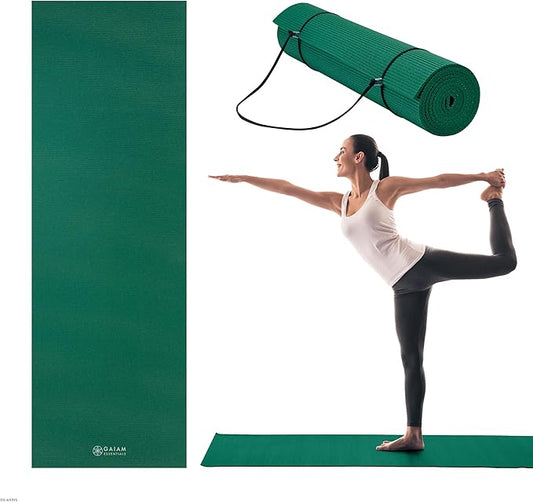 Gaiam Essentials Thick 2/5" (10mm) and Thin 1/4" (6mm) Yoga & Pilates, Fitness & Exercise Mat with Easy-Cinch Carrier Strap