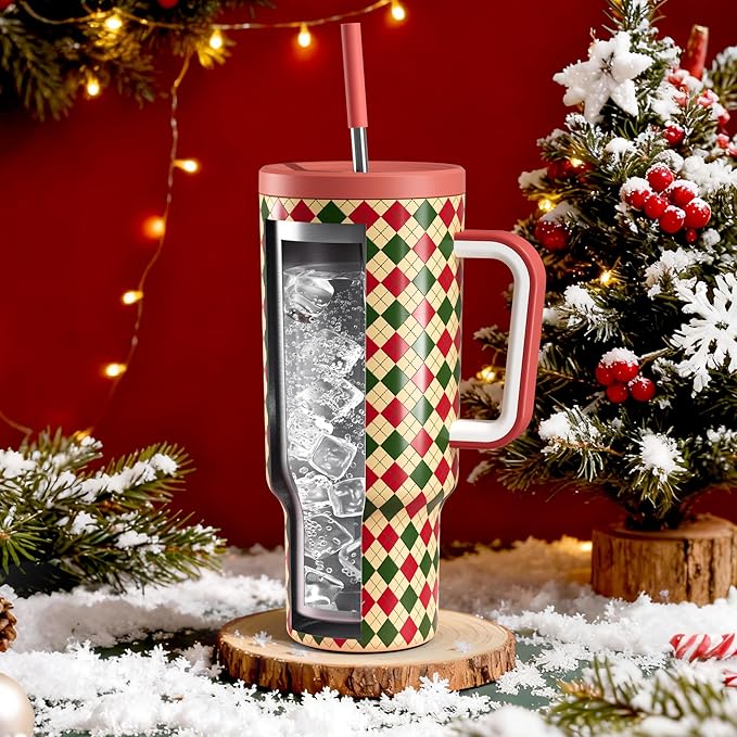 Meoky 40 oz Christmas Tumbler with Handle and Straw, Xmas Tumbler with Lid and Straw, Insulated Stainless Steel Travel Mug, Christmas Gifts for Women Men Adults (Winter Plaid) - Bloomnest