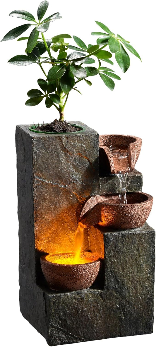 Tabletop Indoor Water Fountain – 3-Tier Rock Waterfall Fountain with Warm LED Light and DIY Planting Pot – Relaxing Small Water Feature for Desk or Home Decor (23061) - Bloomnest