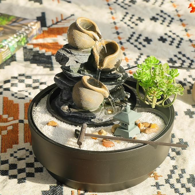 Tabletop Water Fountain with LED Lights & Pagoda, 3 Tiers Crocks Cascading Design,Artificial Flowers, White Stones and Rake, Zen Decor for Office/Living Room/Bedroom/Study (8.5" H)