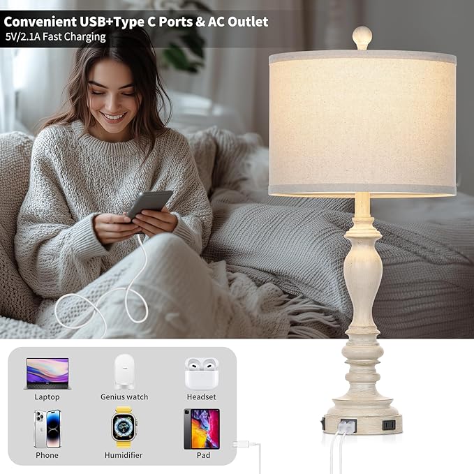 28" Table Lamps with USB C+A Ports & AC Outlets, Farmhouse Rustic Table Lamps Set of 2, Vintage End Table Nightstand Resin Bedside Lamp for Living Room Bedroom, Fabric Linen Shade Washed Antique Beige - Bloomnest