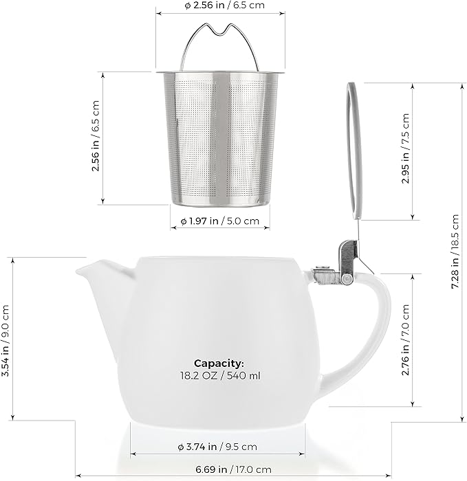 Tealyra - Pluto Porcelain Small Teapot White - 18.2-ounce (1-2 cups) - Matte Finish - Stainless Steel Lid and Extra-Fine Infuser To Brew Loose Leaf Tea - 540ml - Bloomnest
