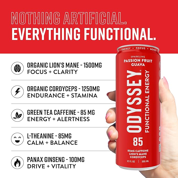 Odyssey Functional Energy Drink for Focus, Cognition & Mood Support 12 Pack - Adaptogenic Drink with 85mg Green Tea Caffeine, Lion’s Mane, Cordyceps, L-Theanine & Ginseng, Passion Fruit Orange Guava - Bloomnest