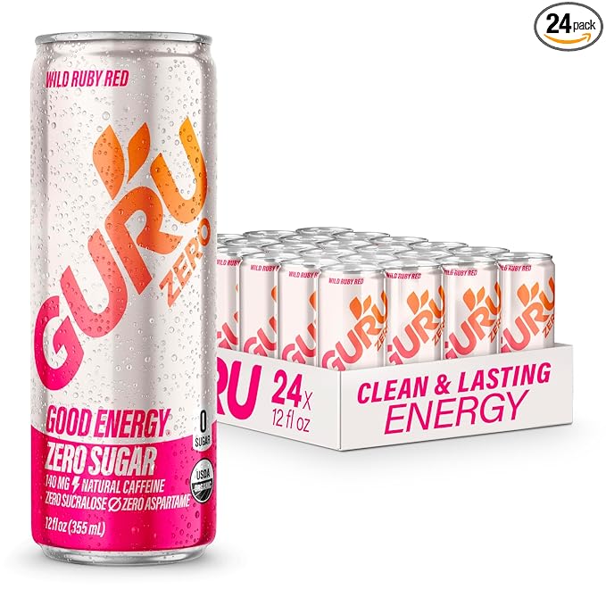 GURU ZERO SUGAR Wild Ruby Red Organic Energy Drinks, Clean Energy Drink with Plant Based Natural Caffeine from Green Tea, Coconut Water, Prebiotic, Zero Added sugars, Gluten Free and Vegan, Pre Workout, Healthy Drinks, 12oz (Pack of 24) - Bloomnest
