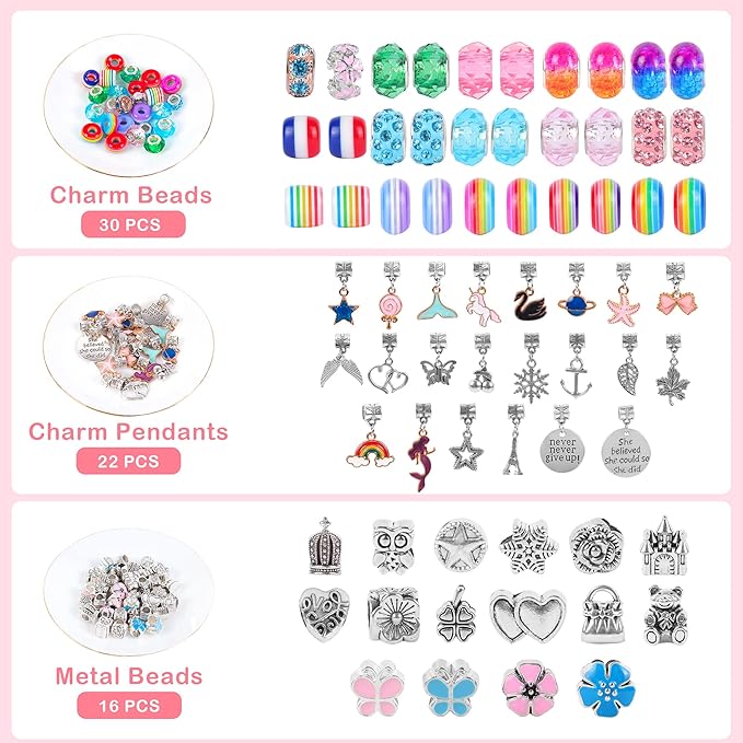 Charm Bracelet Jewelry Making Kit - A Perfect Birthday Holiday Gift for Girls Age 6 7 8 9 10 with Portable Jewelry Box, Cute & Sparkling to Inspire Creativity and Self-Expression, Great Value - Bloomnest