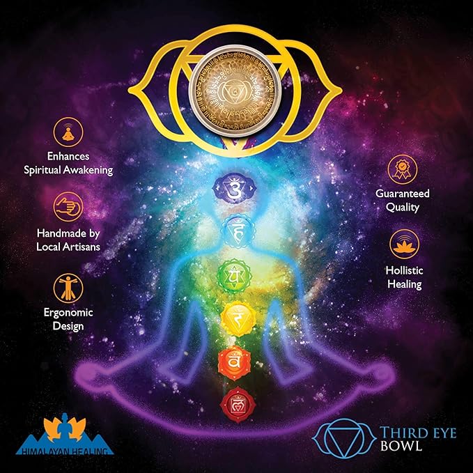 Tibetan Singing Bowl Set 4.2 inch with Holy Buddhist Mantra and Sacred Third Eye Symbol from Nepal~ Antique design suitable for Yoga, Meditation, Sound Healing & Chakra Balancing~ (4.2 Third EYE)