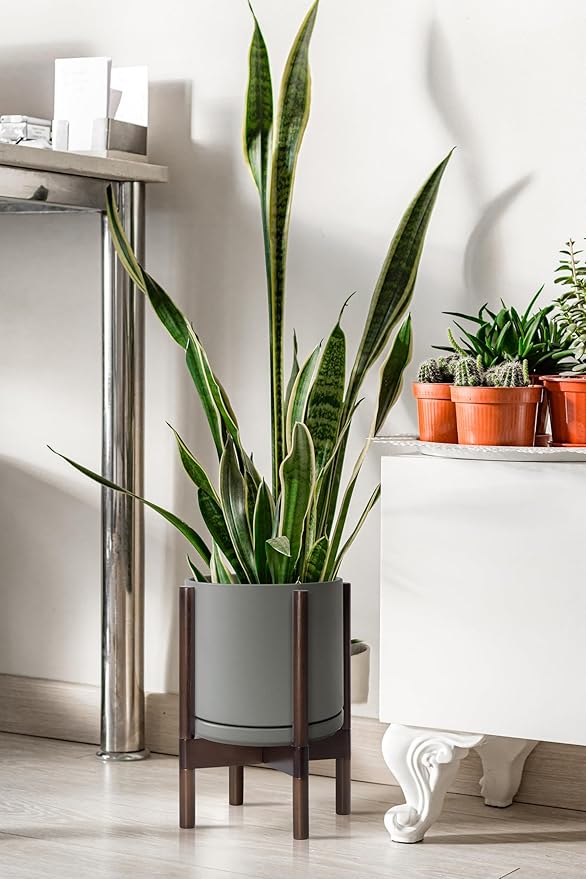 D'vine Dev Ceramic Planter with Walnut Color Stand - 10 Inch Modern Round Flower Pot with Wood Planter Holder, Grey, 55-B-X-3 - Bloomnest