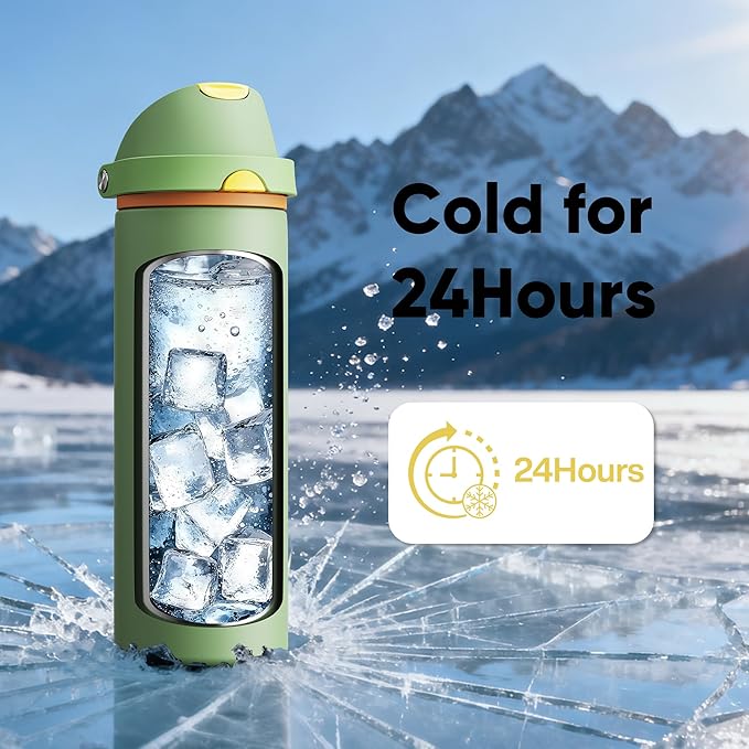 Insulated Water Bottle with Straw - Encool Stainless Steel Water Bottle with Push Button Lid, Leak-Proof & BPA-Free, Keeps Cold for 24 Hours for Sports, Travel, Gym (24 oz, Lichen-Yellow) ENCOOL