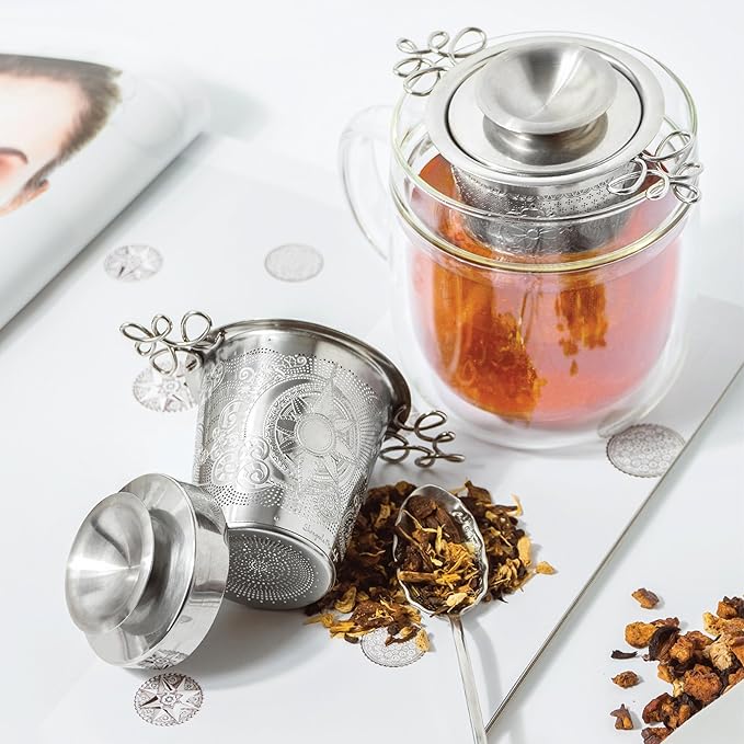 Luxury Tea Strainer Set - Stainless Steel Infuser with Diamond Patterns, Crystal Accent Chain, Fine Mesh Filter & Ergonomic Handle for Loose Leaf Tea