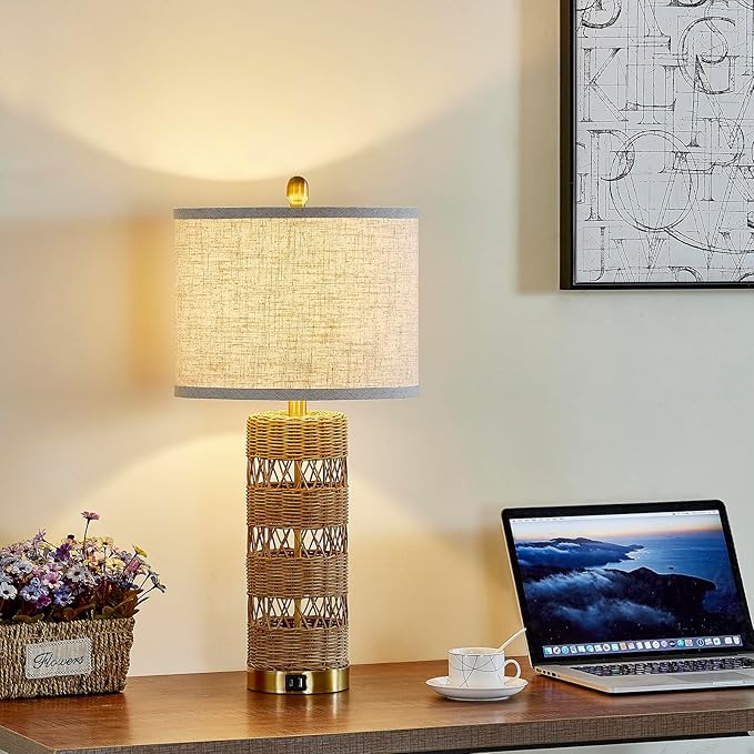 Boho Rattan Stylish & Functional & Versatile Decor USB Table Lamps Set of 2-28" Farmhouse Bedside Lights,Bulbs Included - Bloomnest