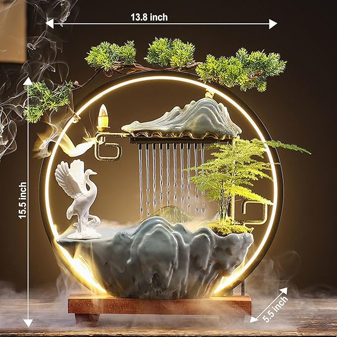 Crane Tabletop Fountain Indoor Waterfall Fountain Office Tabletop Water Fountain with Lights Backflow Incense Burner Ceramic Indoor Zen Decor for Home Office Yoga Meditation (Crane) - Bloomnest