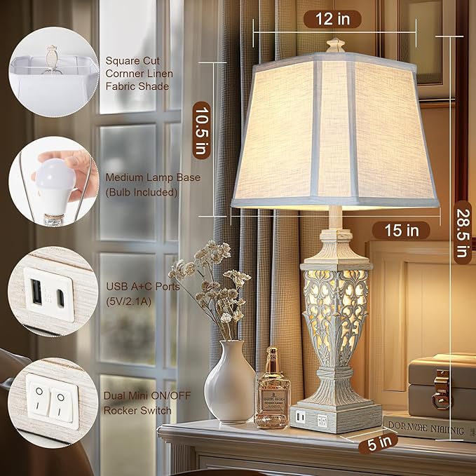 28.5" Lamps for Living Room - Table Lamps Set of 2 with Night Light,Bedside Lamp with White Linen Cut Corner Shade - for Bedroom Room and Nightstand with USB A+C Ports- for Office Hotel(Bulb Included) - Bloomnest