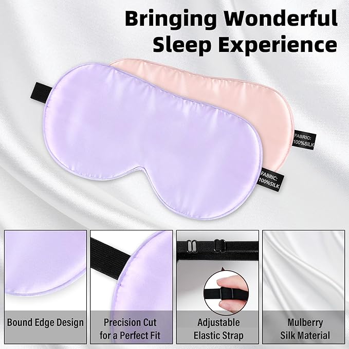 Silk Sleep Eye Mask for Kids, 100% Real Natural Pure Silk Sleeping Masks, Blindfold Sleep Eye Cover with Adjustable Strap, Soft & Lightweight Night Eyeshade for Boys Girls Teens (2 Pack)