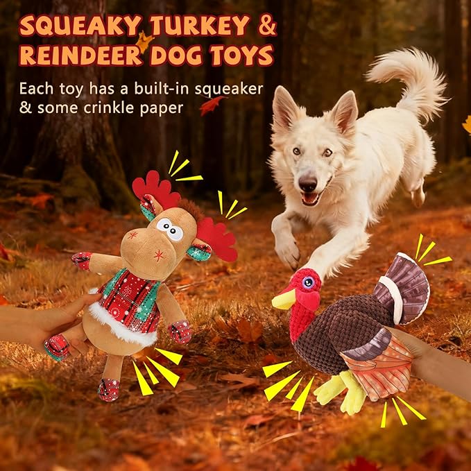 BWOGUE Thanksgiving Turkey Dog Toys Set, Stuffed Squeaky Turkey Dog Toy with Crinkle Paper, Christmas Plush Reindeer Squeaky Toy, Interactive Stuffed Chew Toys for Small Medium Large Dogs - Bloomnest