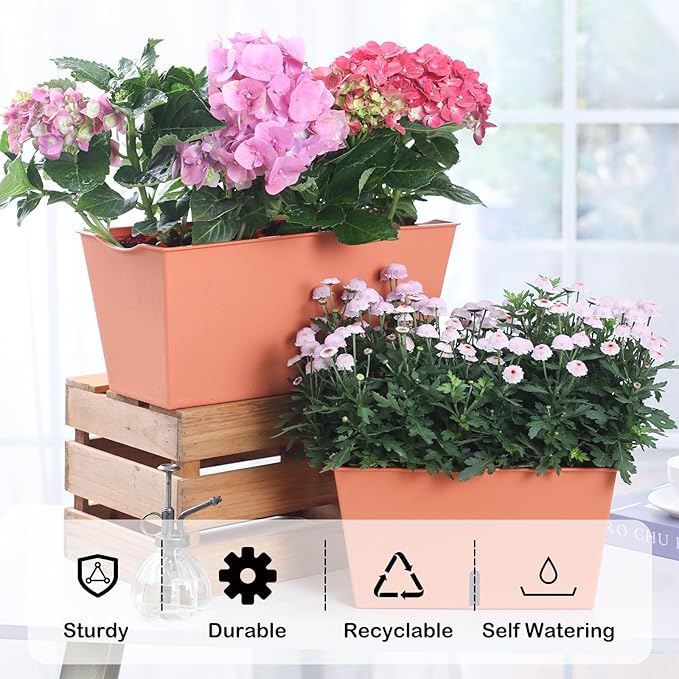 Window Box Planter 6 Pcs, 12.6 Inches Self Watering Rectangle Flower Plant Pots with Drainage Holes & Breathable Trays, Vegetable Planters for Windowsill Patio Garden Balcony Porch Yard (Orange) - Bloomnest