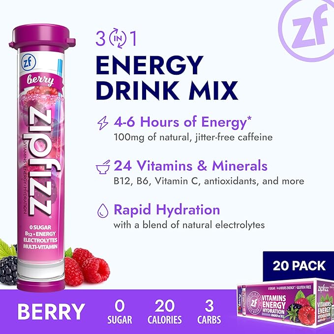 Zipfizz Daily Energy Drink Powder, Berry, 20 Pack | 3-in-1 Sustained Energy, Rapid Hydration, and Essential Vitamins | Sugar-Free | Electrolyte Powder | Contains Vitamin B-12 & Antioxidants - Bloomnest